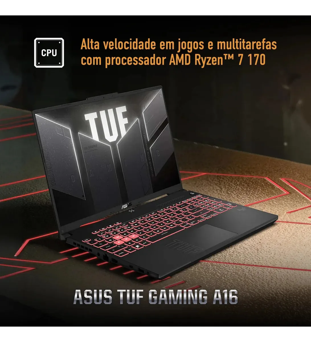 Notebook Gamer ASUS TUF Gaming A16, AMD Ryzen 7, RTX 4050, 16GB RAM, 512GB SSD, Linux KeepOS, Tela 16" IPS 144Hz, Mecha Gray - FA607NUQ-RL167 - imagem 3